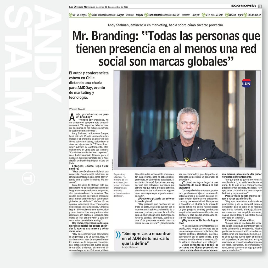 Entrevista a Andy Stalman en Las Últimas Noticias (Chile)